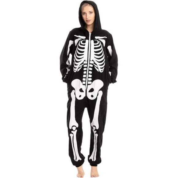 COPY - Adult Skeleton Pajamas with a plush hoodie, perfect for Halloween-themed - Picture 4 of 8